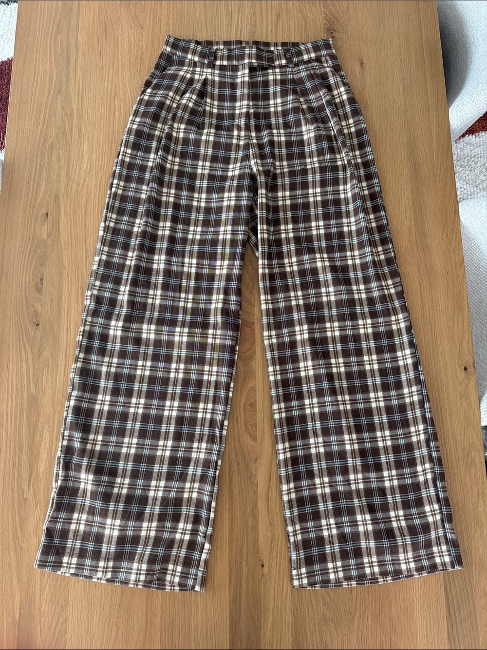 Plaid high waisted trousers, brown, tan, and blue, size L, gently worn